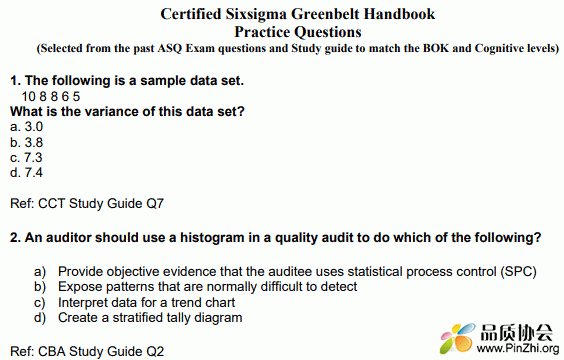 Certified Sixsigma Greenbelt Handbook Practice Questions