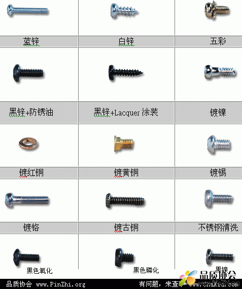 螺丝电镀效果：镀白锌, 黑锌, 镀镍, 镀锡, 镀铬, 镀铜等图片