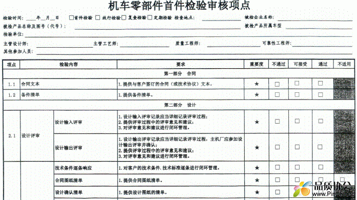 机车零部件首件检验审核表(项点)