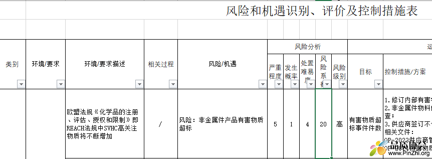 风险和机遇识别、评价及控制措施表