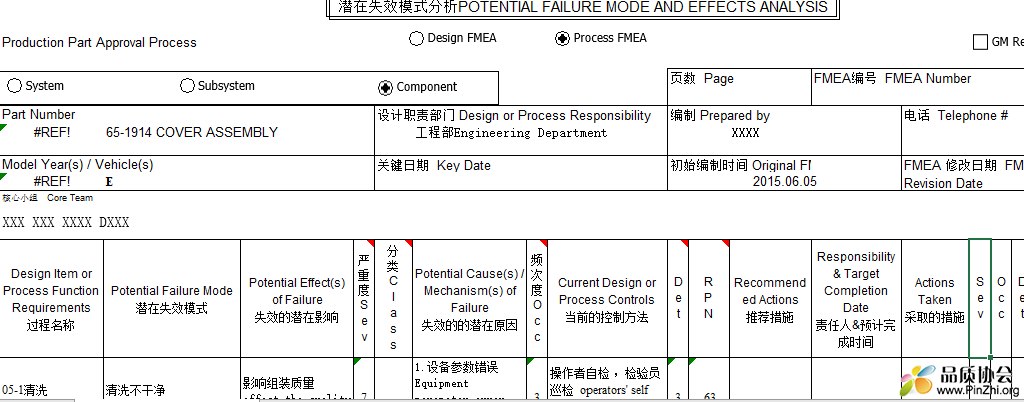 DFMEA和PFMEA案例：Cover assembly PFMEA