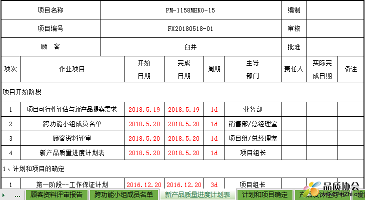 新产品质量进度计划表