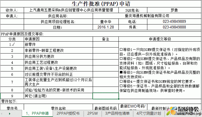 上汽通用五菱的《PPAP模板带内容-汽车零部件》