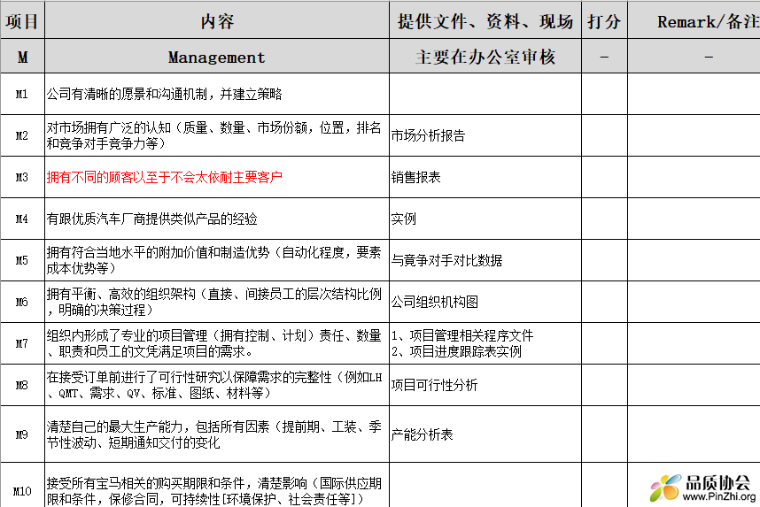 宝马SPS审核表