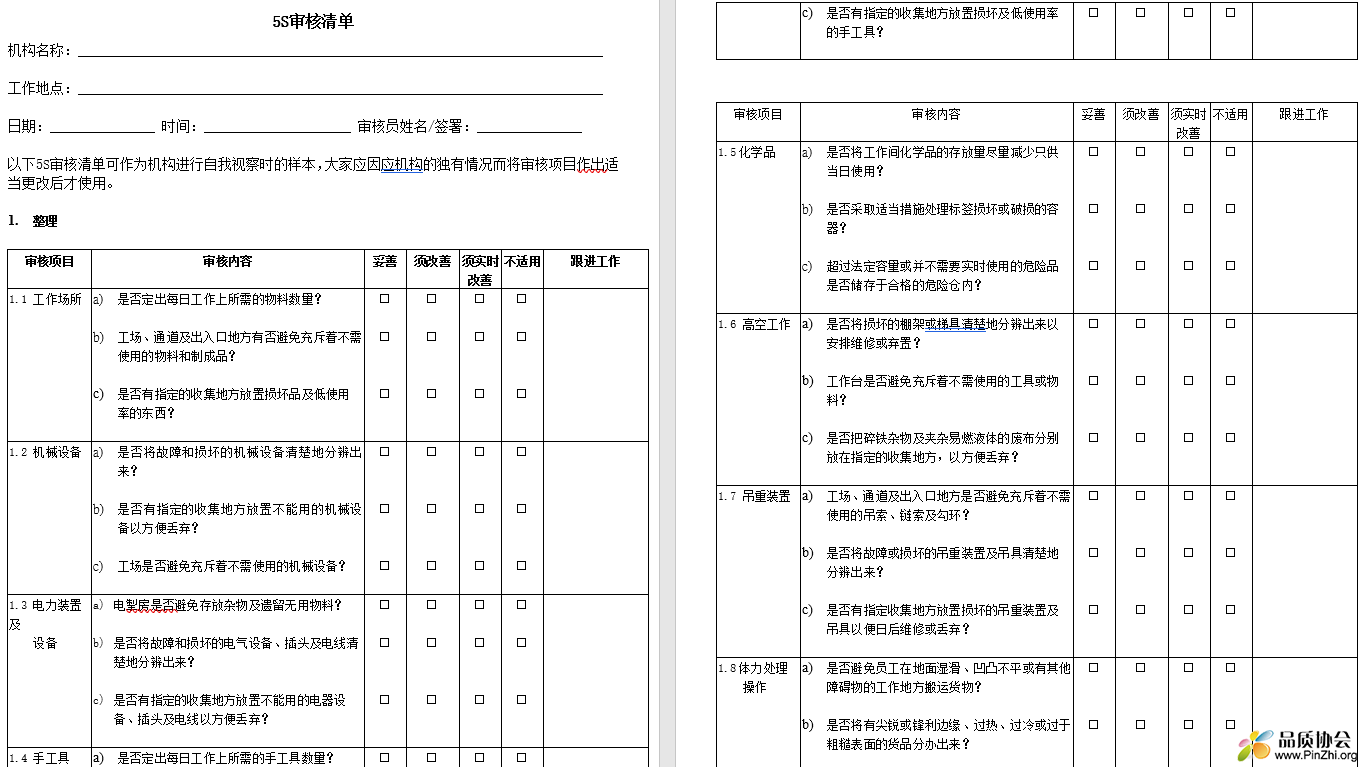 5S审核清单