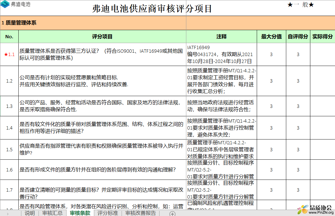 弗迪电池供应商审核表