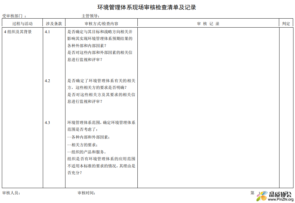 环境管理体系现场审核检查清单及记录