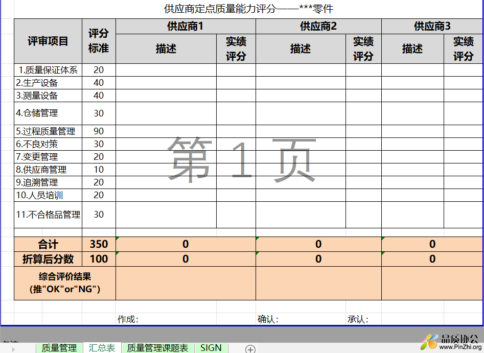 供应商定点--质量管理评价表