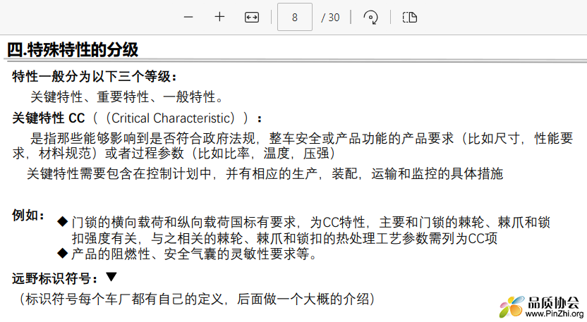 特殊特性的分级