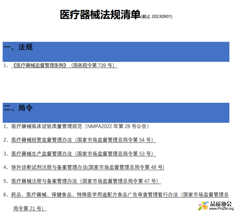 医疗器械法规清单(更新至20230901)