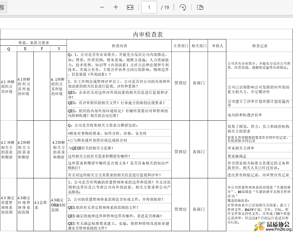 QEFS内审检查表