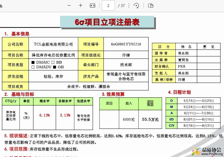 六西格玛项目立项注册表