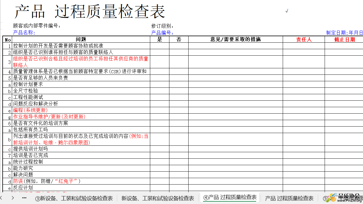 产品过程质量检查表